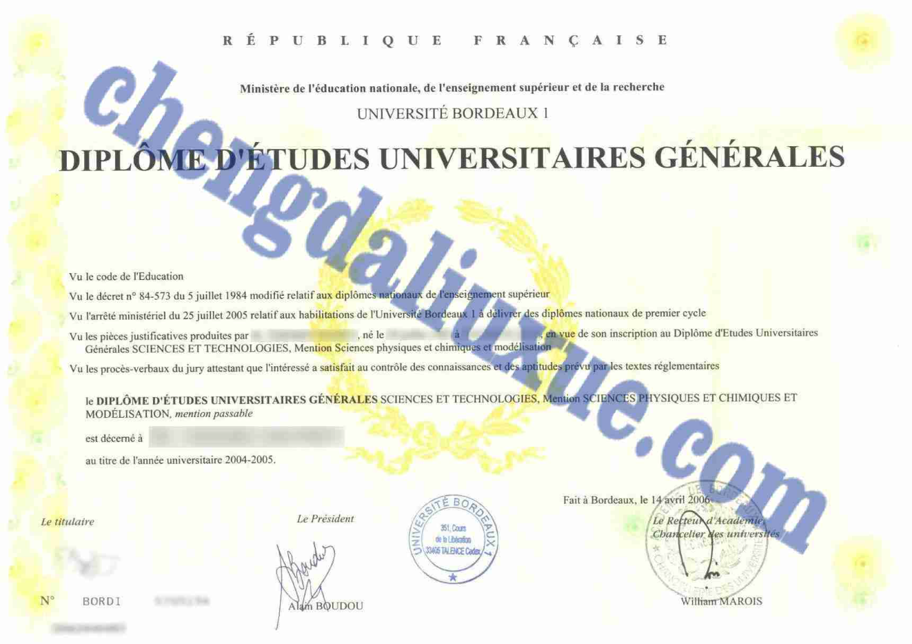 法国波尔多第一大学毕业证样本图片（Certificat de fin d'études universitaires Bordeaux I France sur mesure）