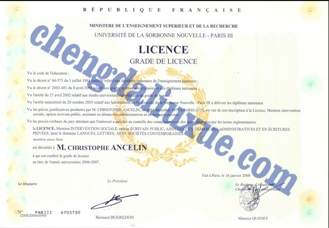 法国巴黎第三大学毕业证样本（Certificat de fin d'études à l'Université Paris III, France sur mesure）