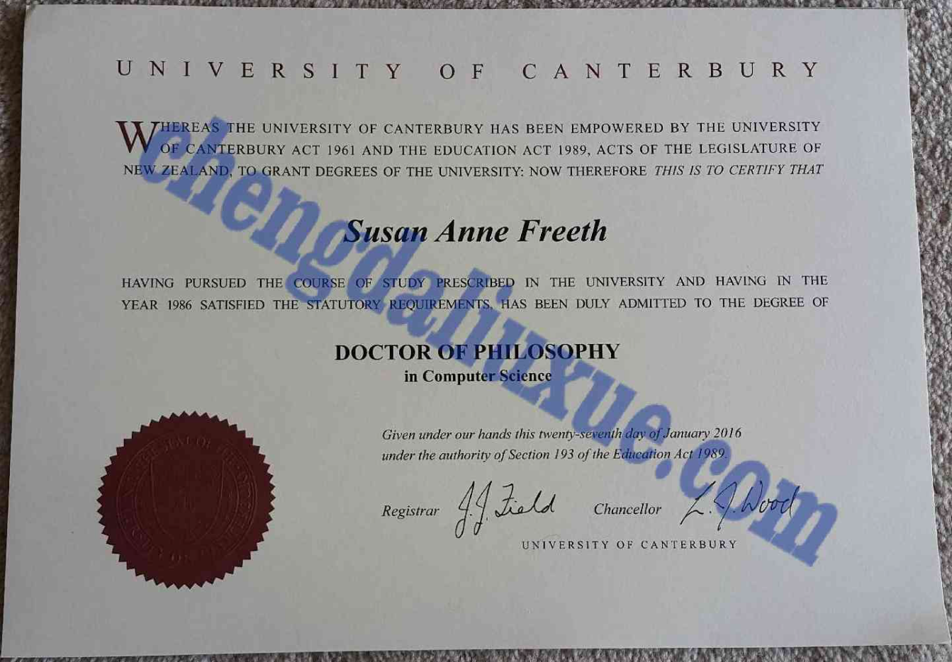 新西兰坎特伯雷大学毕业证图片模板（Customized graduation certificate from the University of Canterbury, New Zealand）